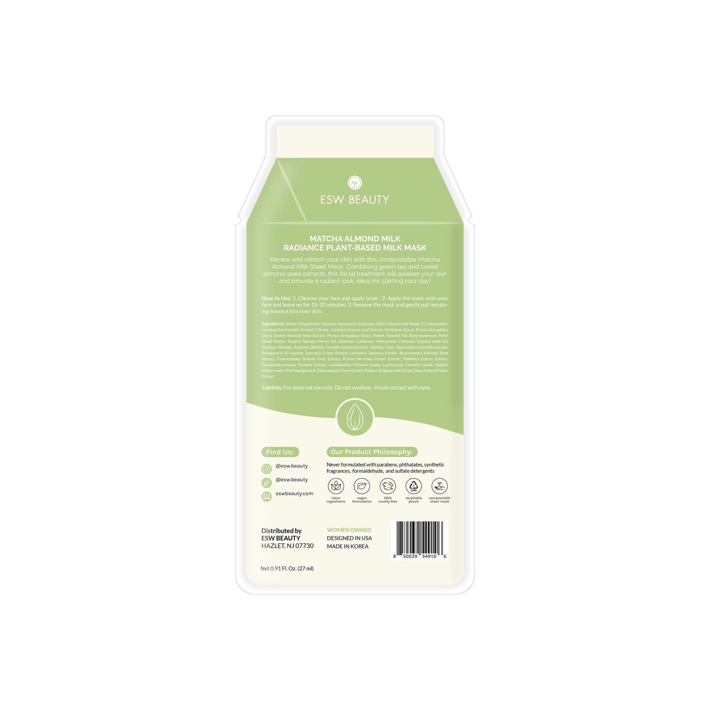 ESW Beauty Matcha Almond Milk Radiance Sheet Mask